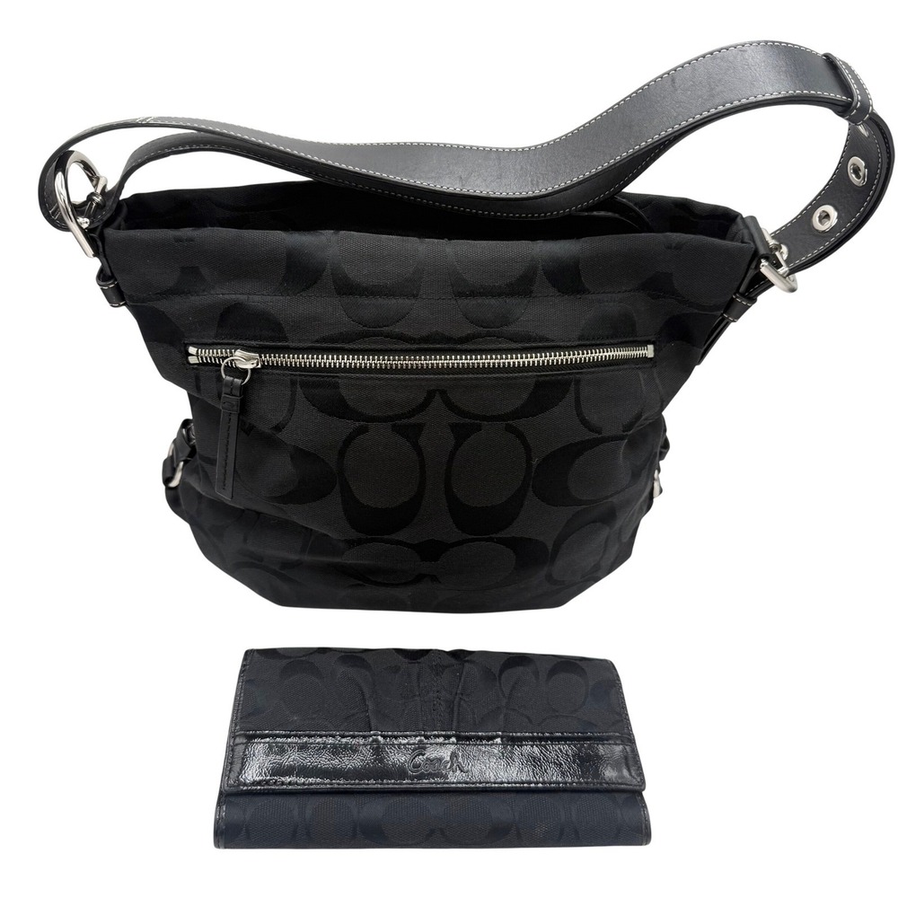 Coach Black Signature Jacquard Hobo Shoulder Bag Wallet Set Patent Trim F15067